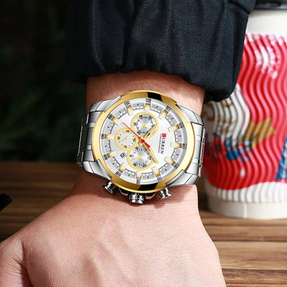 CURREN Chronographenuhr für Herren, großes Zifferblatt (48 mm), Edelstahlarmband, drei Hilfszifferblätter, Quarz-Sportarmbanduhr, luxuriöser Stil