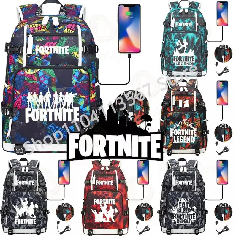 Yule Trooper F-Fortnited Battle Royale Rucksack mit USB-Ladeanschluss, Anime-Figuren, Lern- und Schreibwarenfach für Schüler