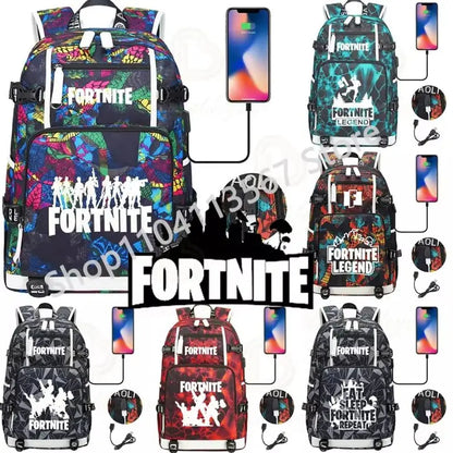 Yule Trooper F-Fortnited Battle Royale Rucksack mit USB-Ladeanschluss, Anime-Figuren, Lern- und Schreibwarenfach für Schüler