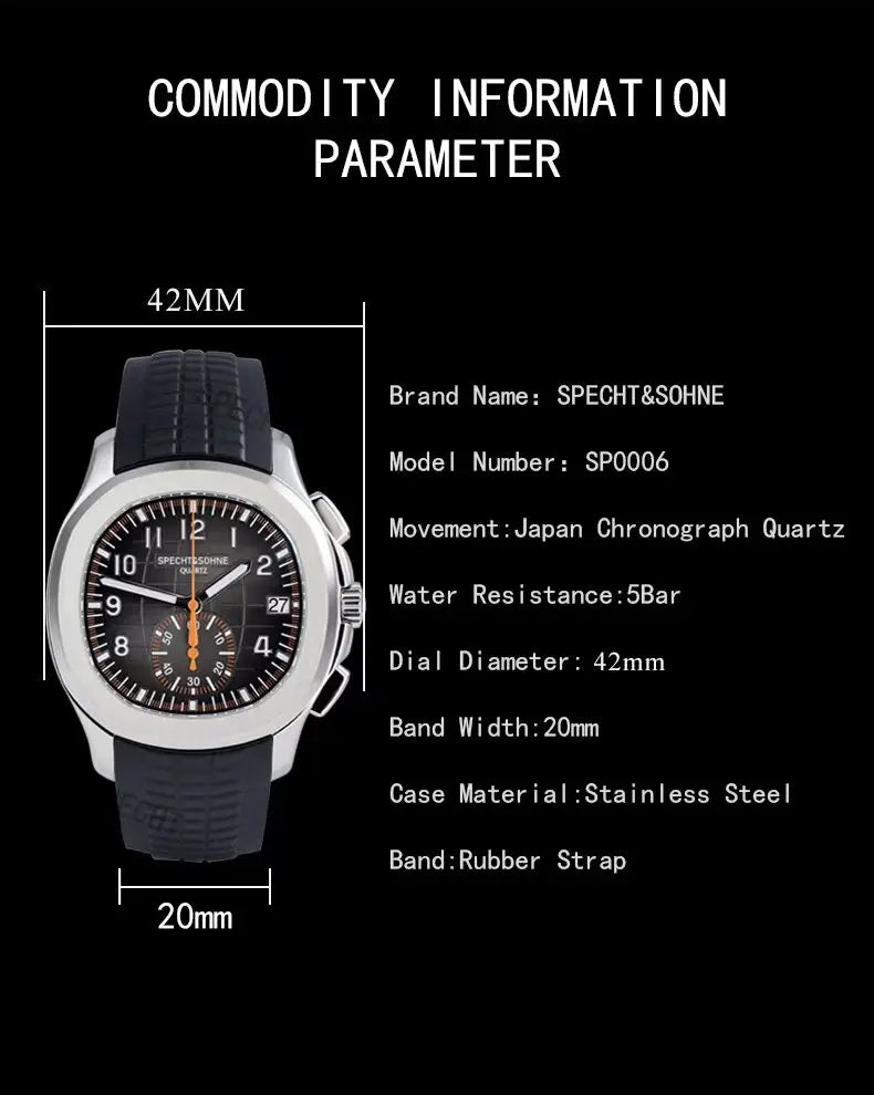 2026 New Specht&Sohne Men's Watches Quartz Watch Top Brand Luxury Chronograph Sport Rubber Luminous 5Bar Waterproof Men's Watch