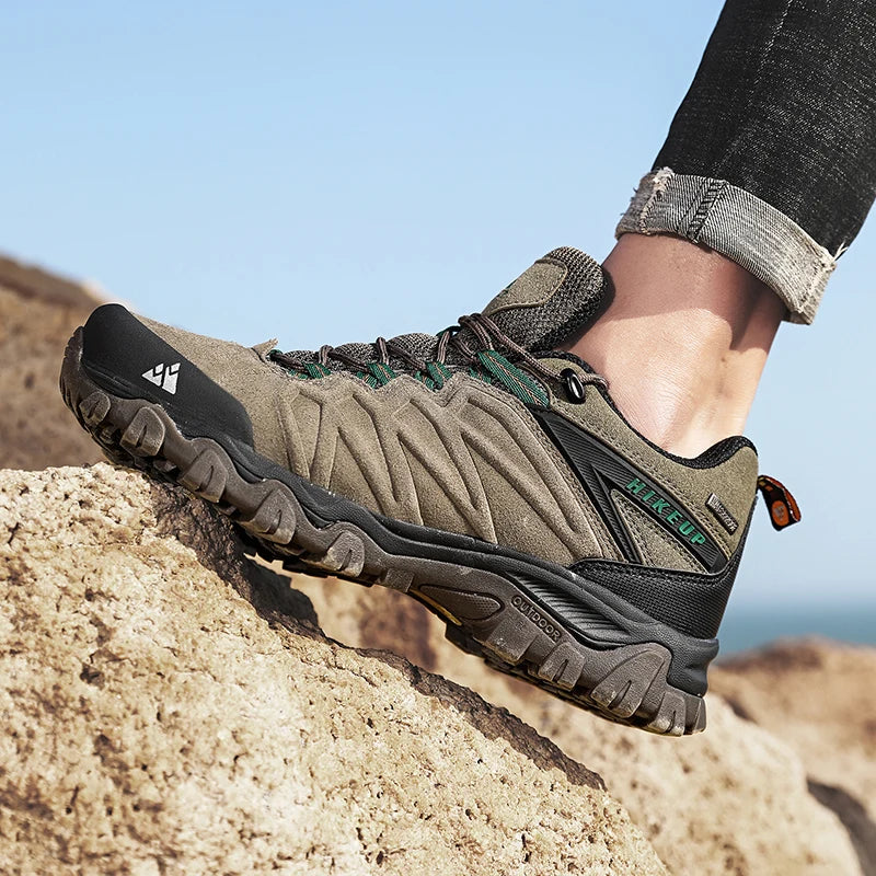 HIKEUP High Quality Leather Hiking Shoes Durable Outdoor Sport Men Trekking Leather Shoes Lace-Up Climbing Hunting Sneakers