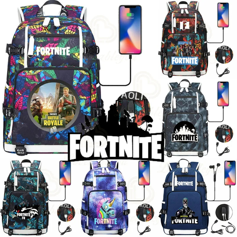 Ultima Knight F-Fortnited Battle Royale Backpack with USB Charging Anime Figures Study Stationery Compartment for Students