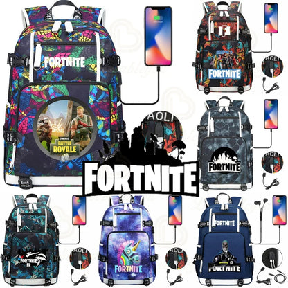 Ultima Knight F-Fortnited Battle Royale Backpack with USB Charging Anime Figures Study Stationery Compartment for Students