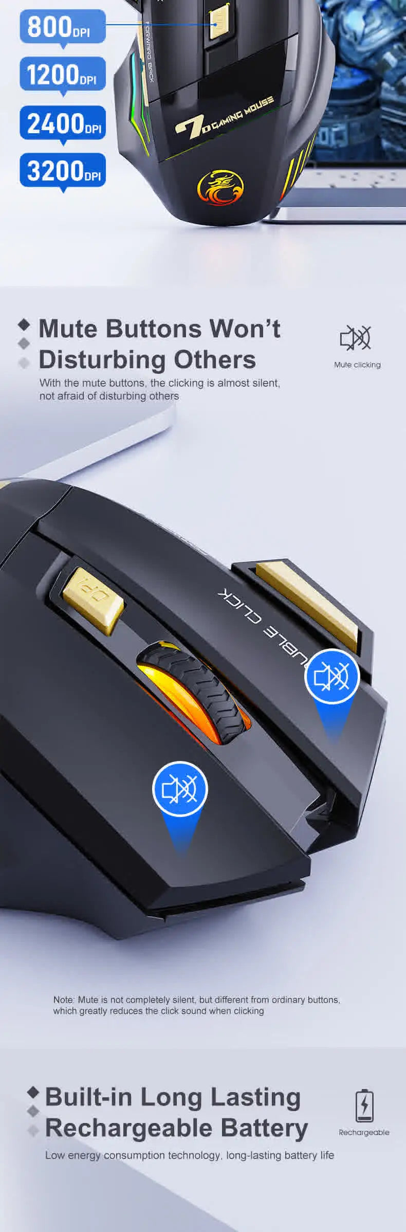 Vezeték nélküli Bluetooth egér, újratölthető számítógépes gamer egér, ergonomikus RGB háttérvilágítású, csendes egér PC-hez
