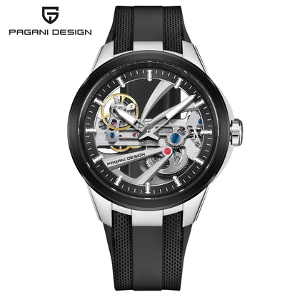 Herrklocka från PAGANI DESIGN – Mekanisk automatisk lyxmodell av typen ”skelett” (öppen mekanism), utrustad med en tourbillon, safirglas med antireflexbehandling, vattentät och självlysande.