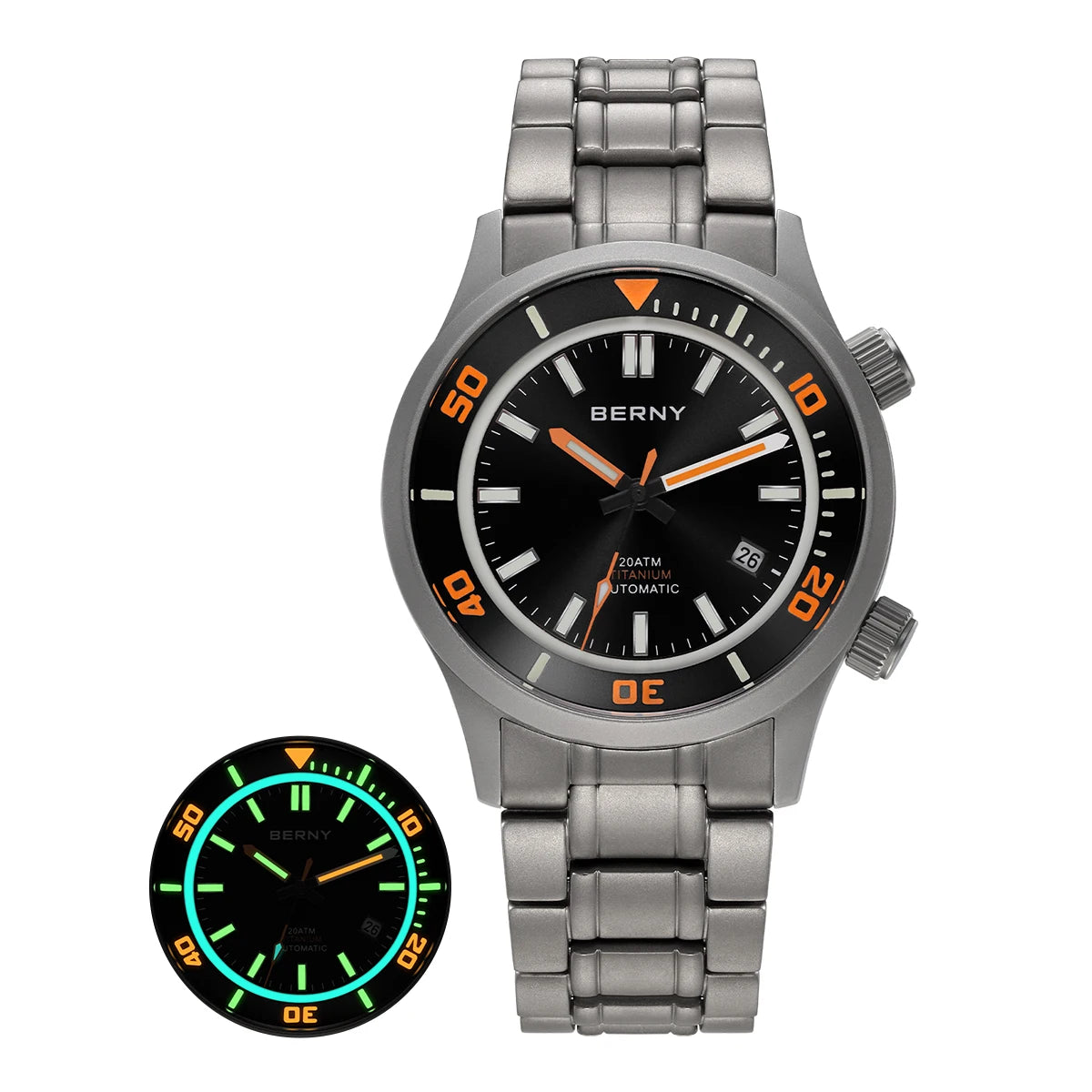 BERNY Automatic Full Titanium Diver Watch For Men Supper Luminous Sappire AR Coated Miyota 8215 Dual Crown Mechanical Dive Watch