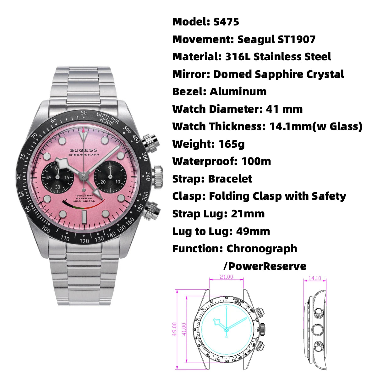 Sugess Chronograph Watch for Mens ST1907 Movement Mechanical Sapphire Crystal Wristwatches Waterproof Pilot Air Force Clock S475