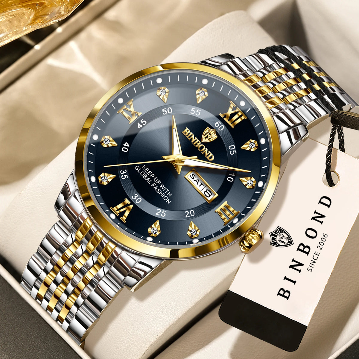 Orologio da polso al quarzo di lusso BINBOND da uomo – Impermeabile, luminescente, con indicazione del giorno della settimana – Stile business, sportivo, alla moda e casual