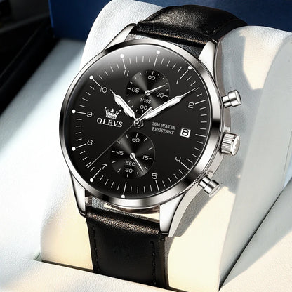 Ceas pentru bărbați OLEVS 2880 – Cronograf elegant și rafinat, curea din piele, afișare automată a datei, rezistent la apă, ace luminescente, mecanism cu cuarț.