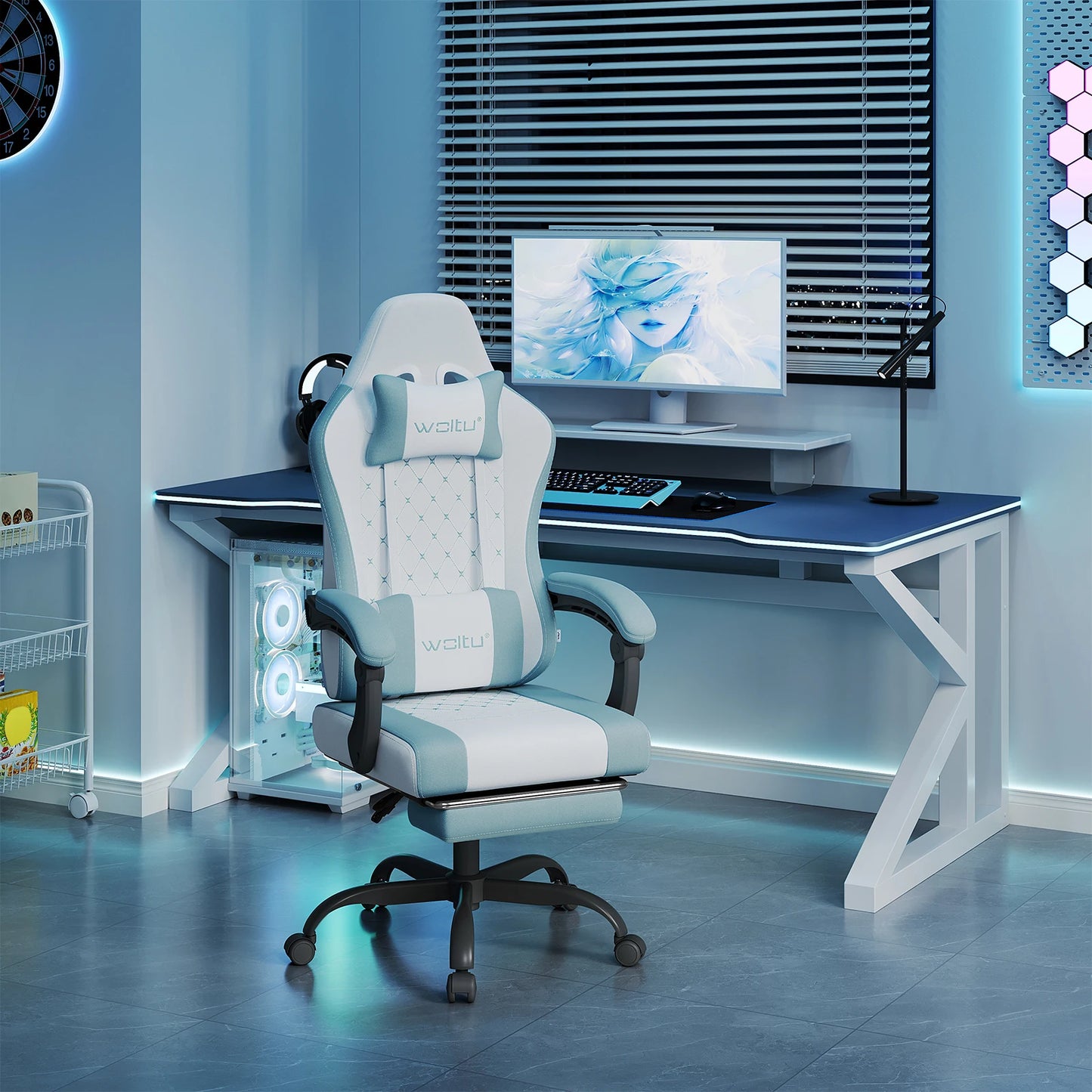 WOLTU snurrbar datorstol med massagefunktion, ergonomisk kontorsstol med kudde och fotstöd, höjdjusterbar gamingstol