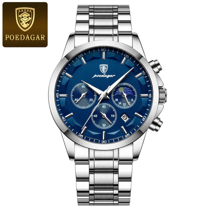 Luxus-Herrenarmbanduhr POEDAGAR, im Militärstil, wasserdicht, mit Leuchtzeiger, Chronograph, aus Edelstahl, Quarzwerk, inklusive Verpackung.