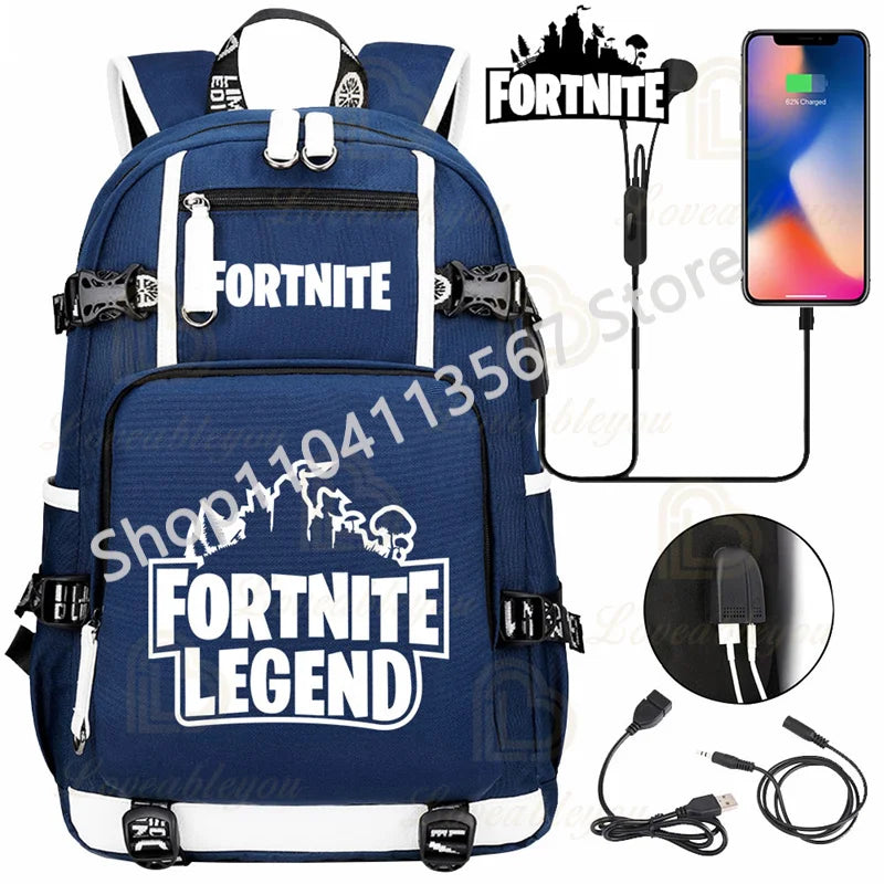 Yule Trooper F-Fortnited Battle Royale Rucksack mit USB-Ladeanschluss, Anime-Figuren, Lern- und Schreibwarenfach für Schüler