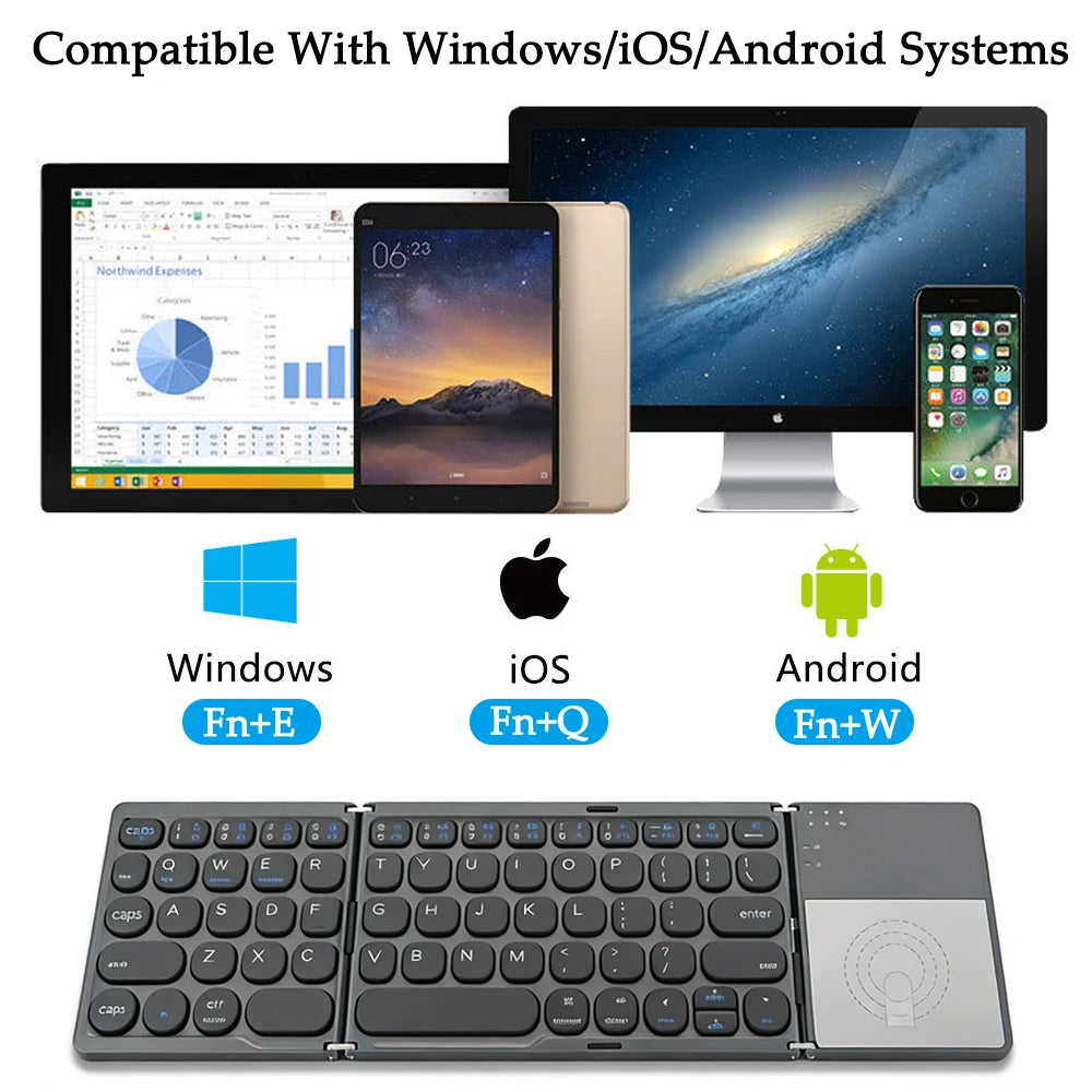 „Bluetooth“ sulankstoma klaviatūra, mini belaidė įkraunama klaviatūra su jutikliniu pultu, nešiojama universali klaviatūra, skirta „Windows“, „Android“ ir „iOS“