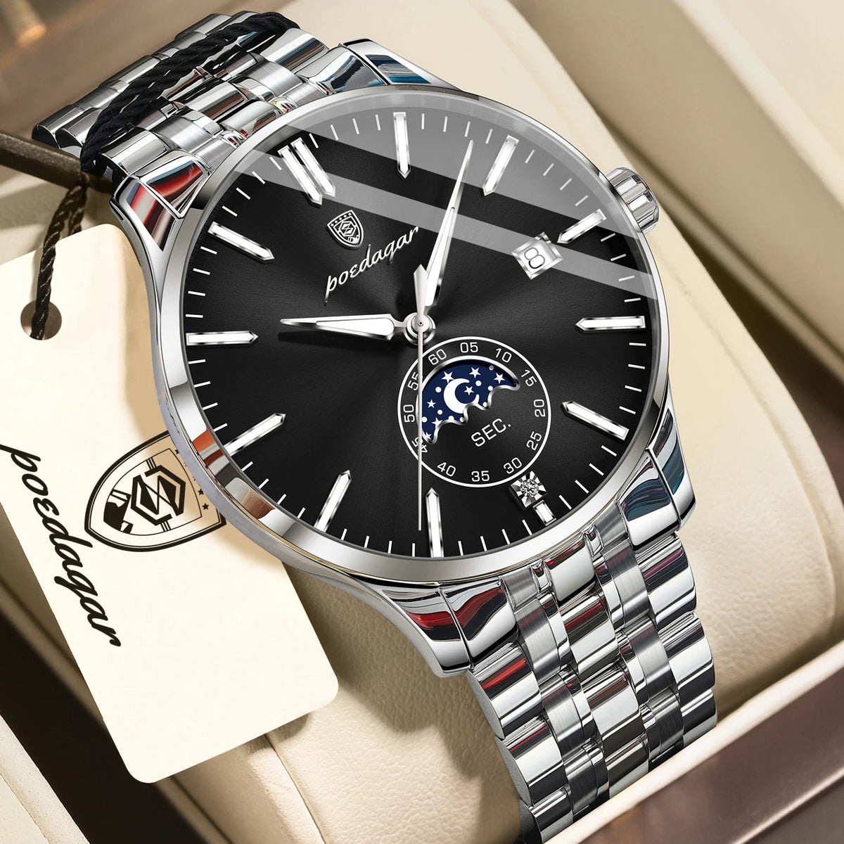 Relógio de luxo para homem POEDAGAR, estilo casual, em aço inoxidável, com movimento de quartzo, à prova de água, luminoso, com data, elegante.