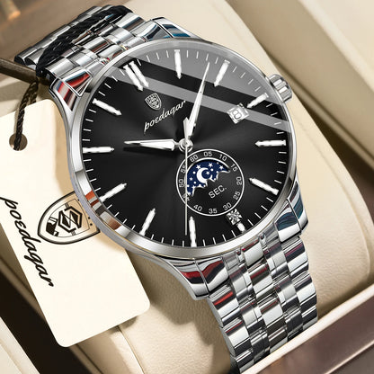 Relógio de luxo para homem POEDAGAR, estilo casual, em aço inoxidável, com movimento de quartzo, à prova de água, luminoso, com data, elegante.