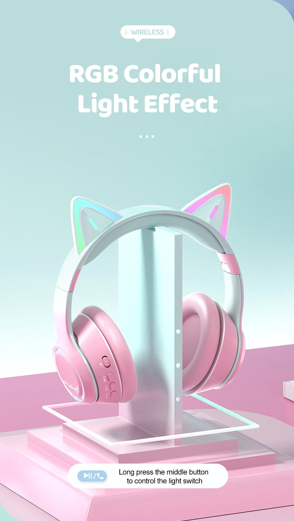 RGB Cat Ear Bluetooth Headphones Wireless Kids Headset with Microphone, Gradient LED Light Gaming Headphones, Stereo Music Bluetooth 5.3 Earphones for Girls