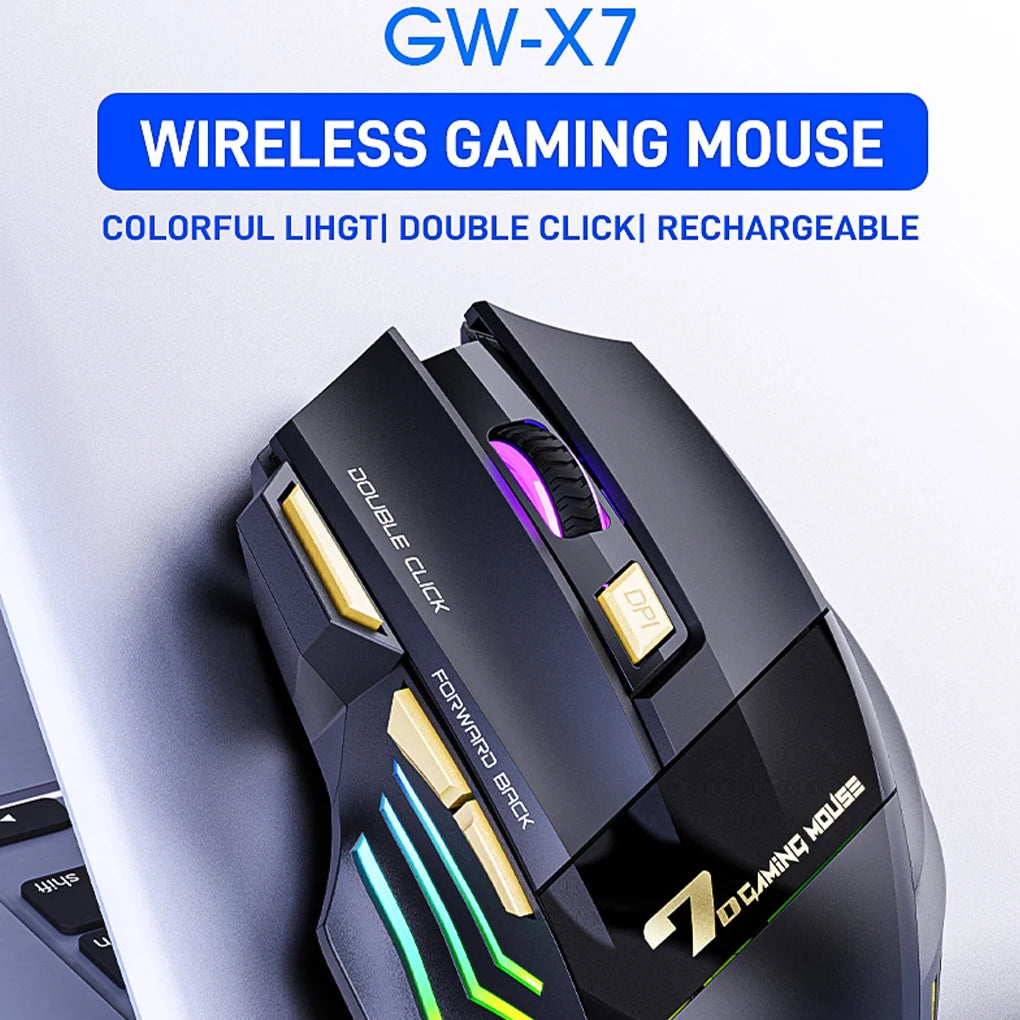 Wireless Rechargeable Gaming Mouse RGB Optical Mouse with 7 Buttons, Adjustable 3200 DPI, 2.4GHz Wireless Computer Mouse for PC & Laptop