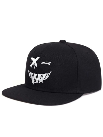 Wide-Brim Baseball Cap 100% Cotton, UV Protection Adjustable with Grin Embroidery & Face Slimming Design