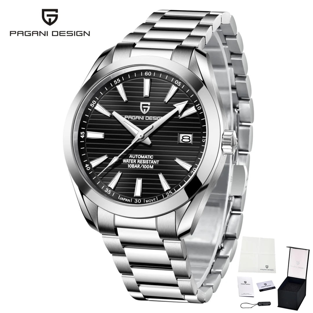 PAGANI DESIGN luxury men’s watch – Mechanical automatic model (calibre 8215), stainless steel, water-resistant, with date display and luminescent hands