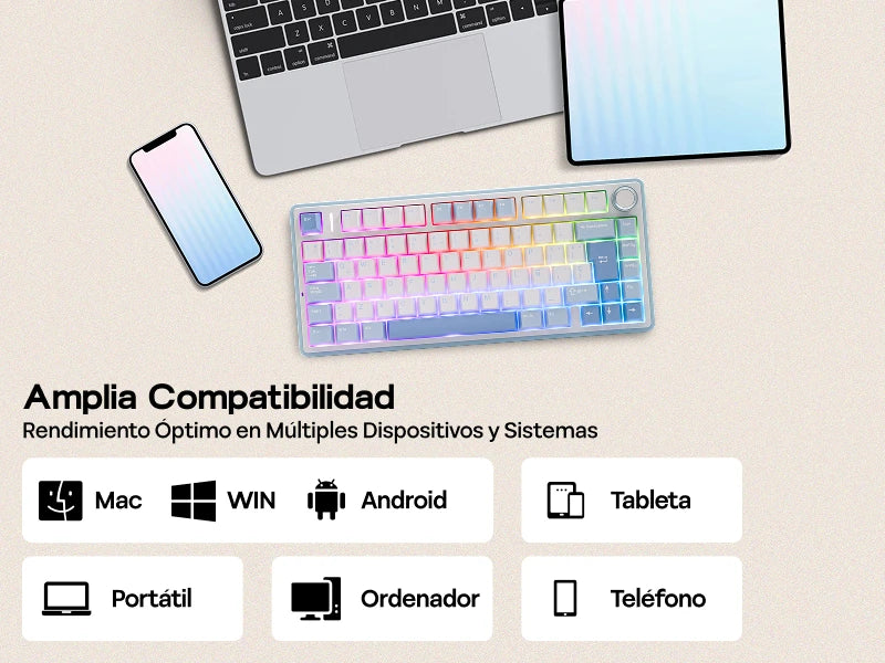 EPOMAKER AULA F75 ISO-ES 75% QWERTY español, teclado mecánico gaming inalámbrico con cable/Bluetooth/2.4GHz, hot-swap, montaje gasket y retroiluminación RGB