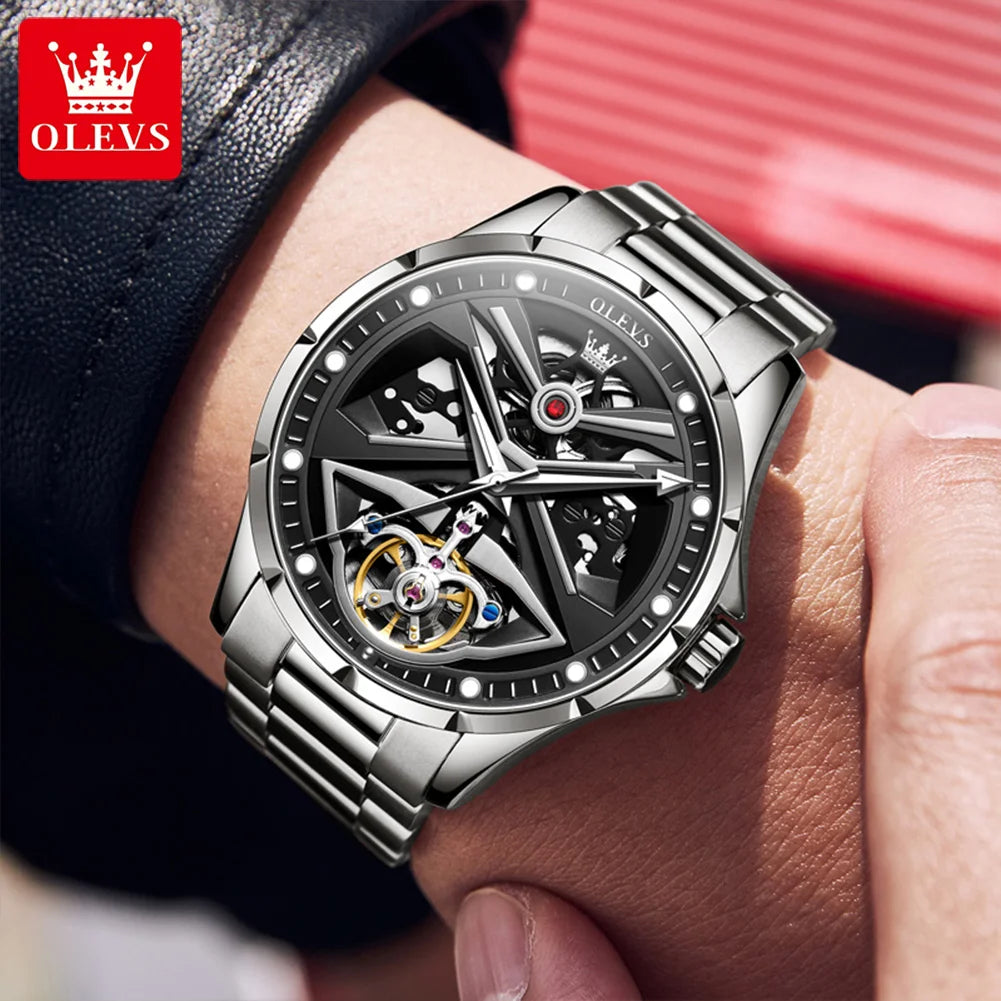 OLEVS 6655 men’s watch, fully automatic skeleton model; luxury mechanical wristwatch, luminous and water-resistant.