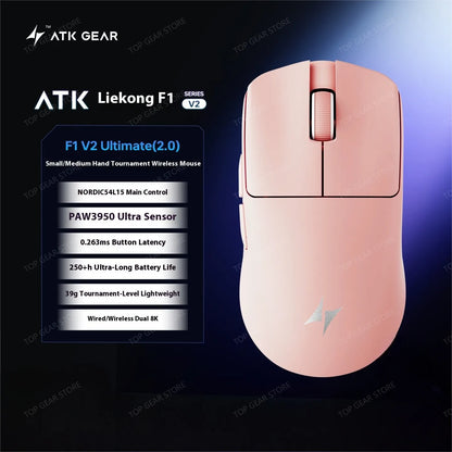 ATK F1 V2 Ultra MAX žaidimų pelė, belaidė, trijų režimų, PAW3950, dviguba 8k, lengva, ergonomiška e. sporto pelė, individualizuojamas PC priedas