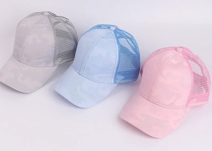 2023 Women Summer Ponytail Baseball Cap Cotton Camouflage Print Mesh Hat Adjustable Sports Golf Hat Girl Outdoor Casual Sun Hat