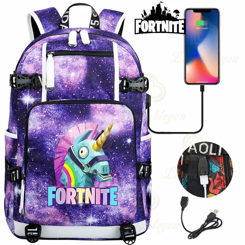 Ultima Knight F-Fortnited Battle Royale Backpack with USB Charging Anime Figures Study Stationery Compartment for Students