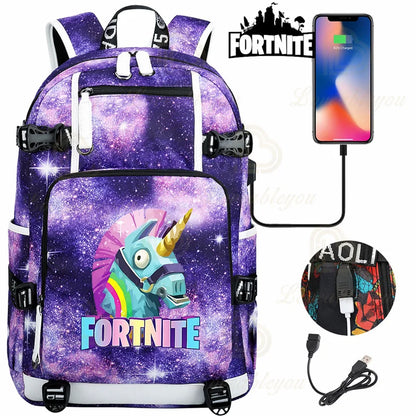 Ultima Knight F-Fortnited Battle Royale Backpack with USB Charging Anime Figures Study Stationery Compartment for Students