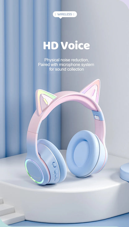 RGB Cat Ear Bluetooth Headphones Wireless Kids Headset with Microphone, Gradient LED Light Gaming Headphones, Stereo Music Bluetooth 5.3 Earphones for Girls
