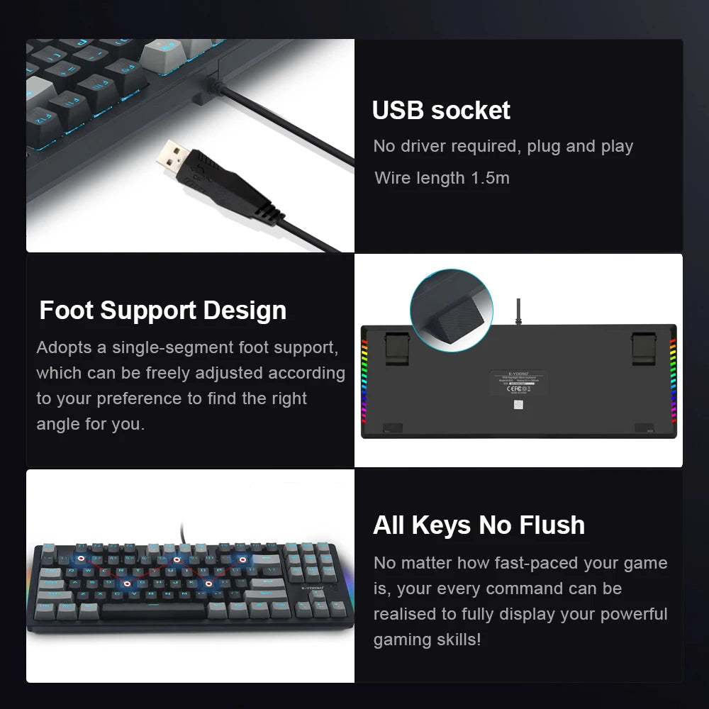 E-YOOSO K620 USB Mechanical Gaming Keyboard Wired Blue Red Switch Monochrome LED Backlit 87 Key for Compute Laptop PC