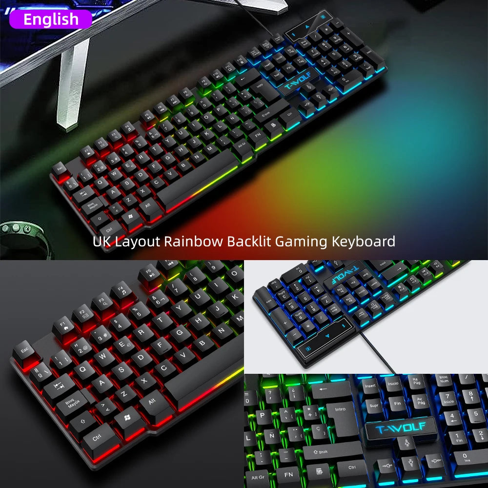 T20 Wired Keyboard Computer Accessories Russian Spanish Keyboard USB Game RGB Backlit Mechanical Touch Keycap Standard 104 Keys