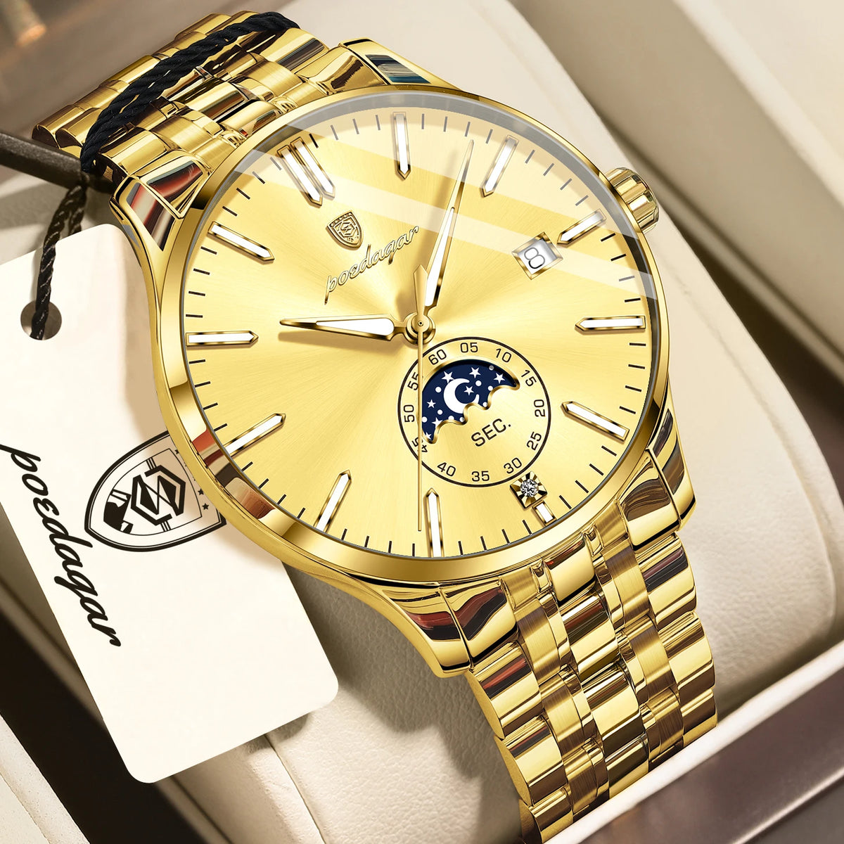 Relógio de luxo para homem POEDAGAR, estilo casual, em aço inoxidável, com movimento de quartzo, à prova de água, luminoso, com data, elegante.