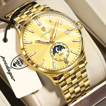 Relógio de luxo para homem POEDAGAR, estilo casual, em aço inoxidável, com movimento de quartzo, à prova de água, luminoso, com data, elegante.