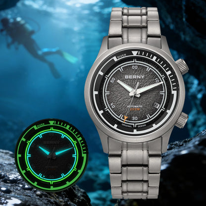 BERNY Automatic Diving Watches for Men Full Titanium Lightweight Super Luminous Mechanical Men's Diver Watch 20ATM Sapphire
