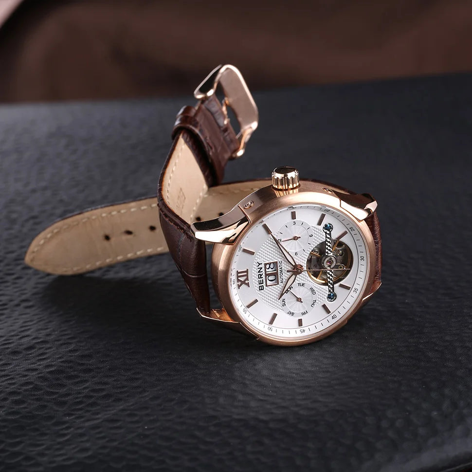 BERNY Automatic Watch for Men Auto Self-wind Mechanical Watches Date Skeleton 5ATM Luxury Male Wristwatches