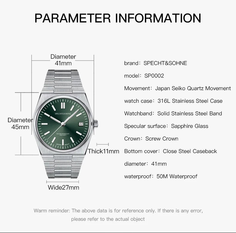 2025 New Arrivals Specht&Sohne Men's Watches Stainless Steel Sapphire Classic Quartz Men Watch Relogio Masculino 100M Waterproof
