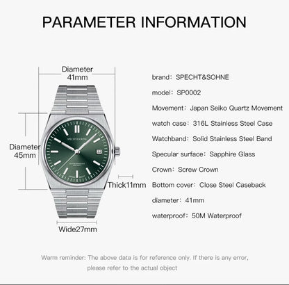 2025 New Arrivals Specht&Sohne Men's Watches Stainless Steel Sapphire Classic Quartz Men Watch Relogio Masculino 100M Waterproof