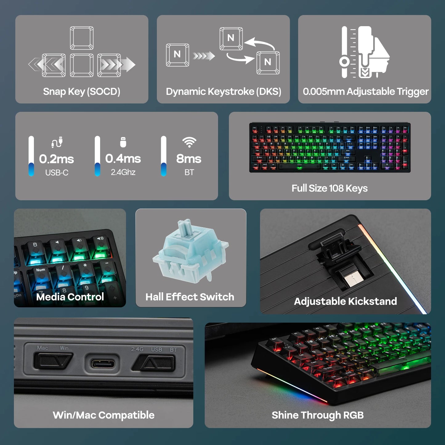 EPOMAKER HE108 100% ANSI US QWERTY Layout Wired/BT/2.4Ghz Wireless Hall Effect Mechanical Keyboard with SOCD/DKS & Rapid Trigger