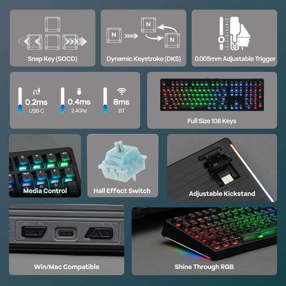 EPOMAKER HE108 100% ANSI US QWERTY Layout Wired/BT/2.4Ghz Wireless Hall Effect Mechanical Keyboard with SOCD/DKS & Rapid Trigger