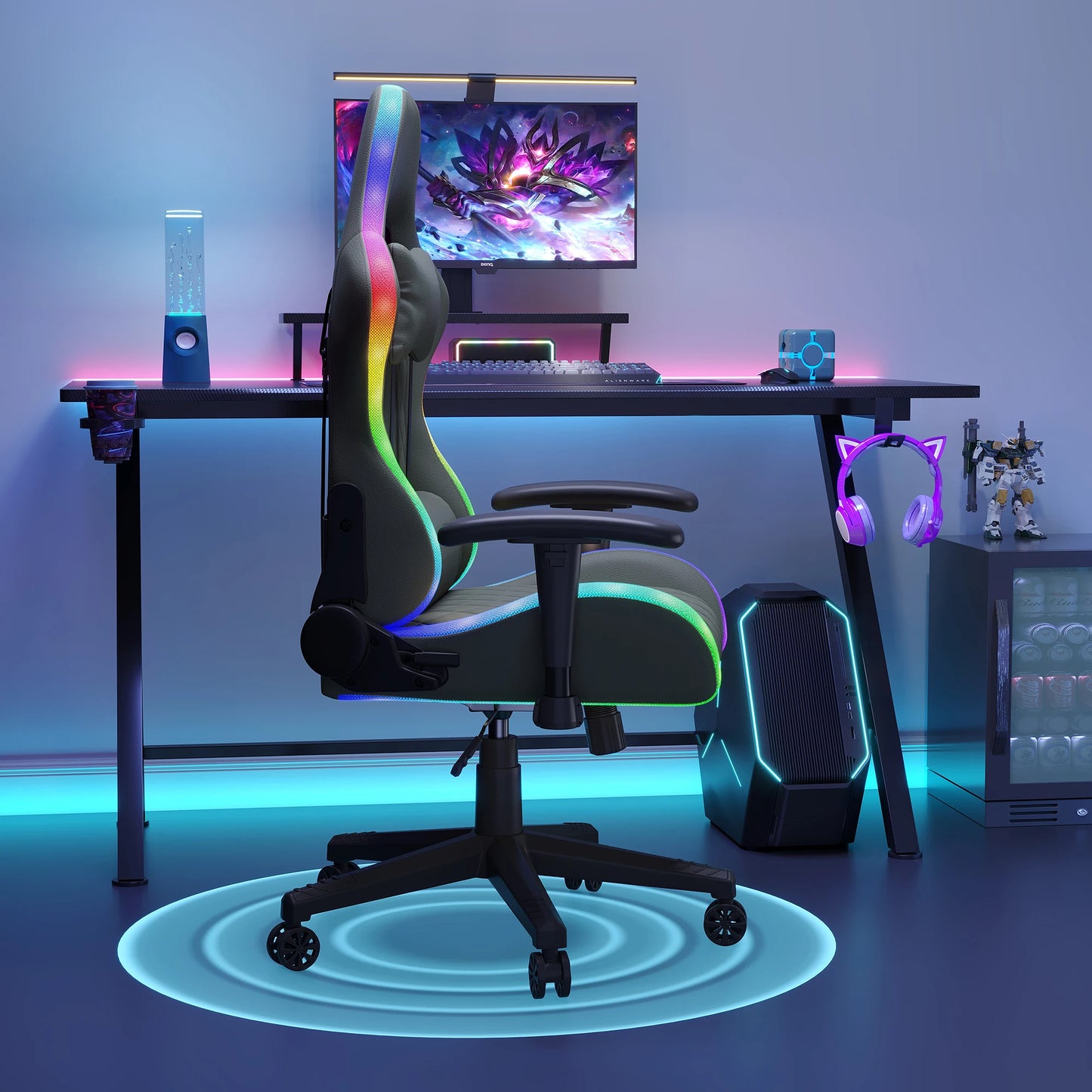 Ergonomic Office Chair with Lumbar Massage, RGB LED Lighting, Reclining Backrest, Adjustable Armrests Gaming Desk Chair for Home Office