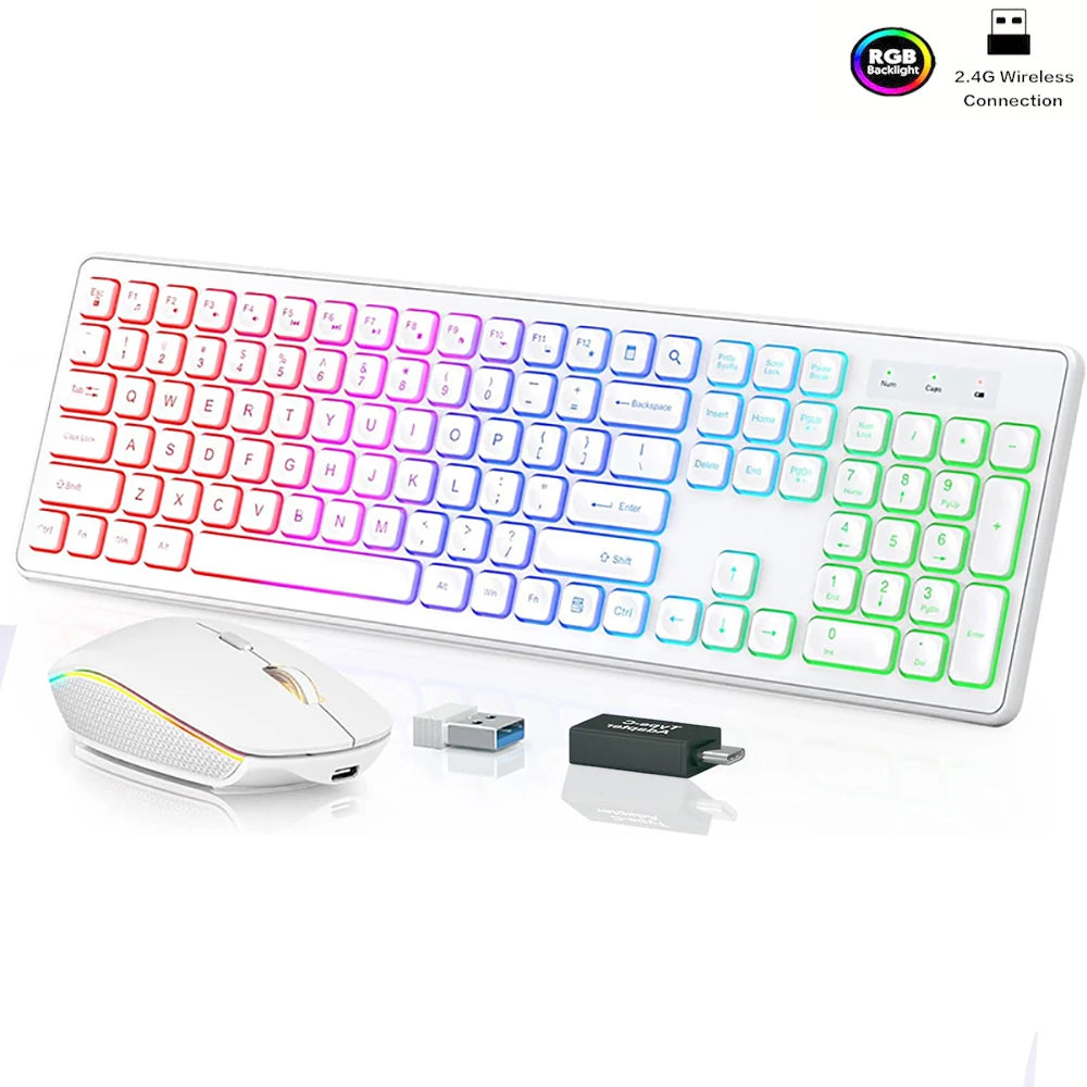 Ergonomic 2.4Ghz Wireless Keyboard Mouse Combo for PC/Laptop/Desktop Rechargeable Full Size Keyboard Mouse Set With RGB Backlit