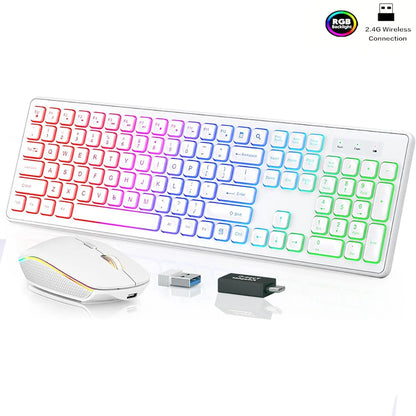 Ergonomic 2.4Ghz Wireless Keyboard Mouse Combo for PC/Laptop/Desktop Rechargeable Full Size Keyboard Mouse Set With RGB Backlit