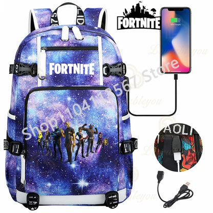 Ultima Knight F-Fortnited Battle Royale Backpack with USB Charging Anime Figures Study Stationery Compartment for Students
