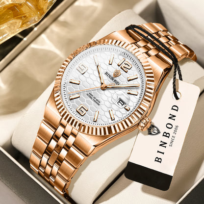 Luxus-Quarz-Armbanduhr von BINBOND, beleuchtet, wasserdicht, mit automatischem Datumsanzeige, für Herren, aus Edelstahl, im Business-, Sport-, Mode- und Freizeit-Stil.