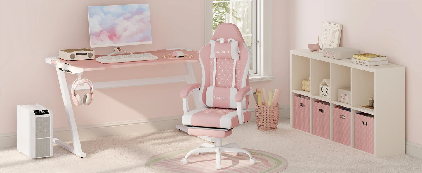 WOLTU snurrbar datorstol med massagefunktion, ergonomisk kontorsstol med kudde och fotstöd, höjdjusterbar gamingstol