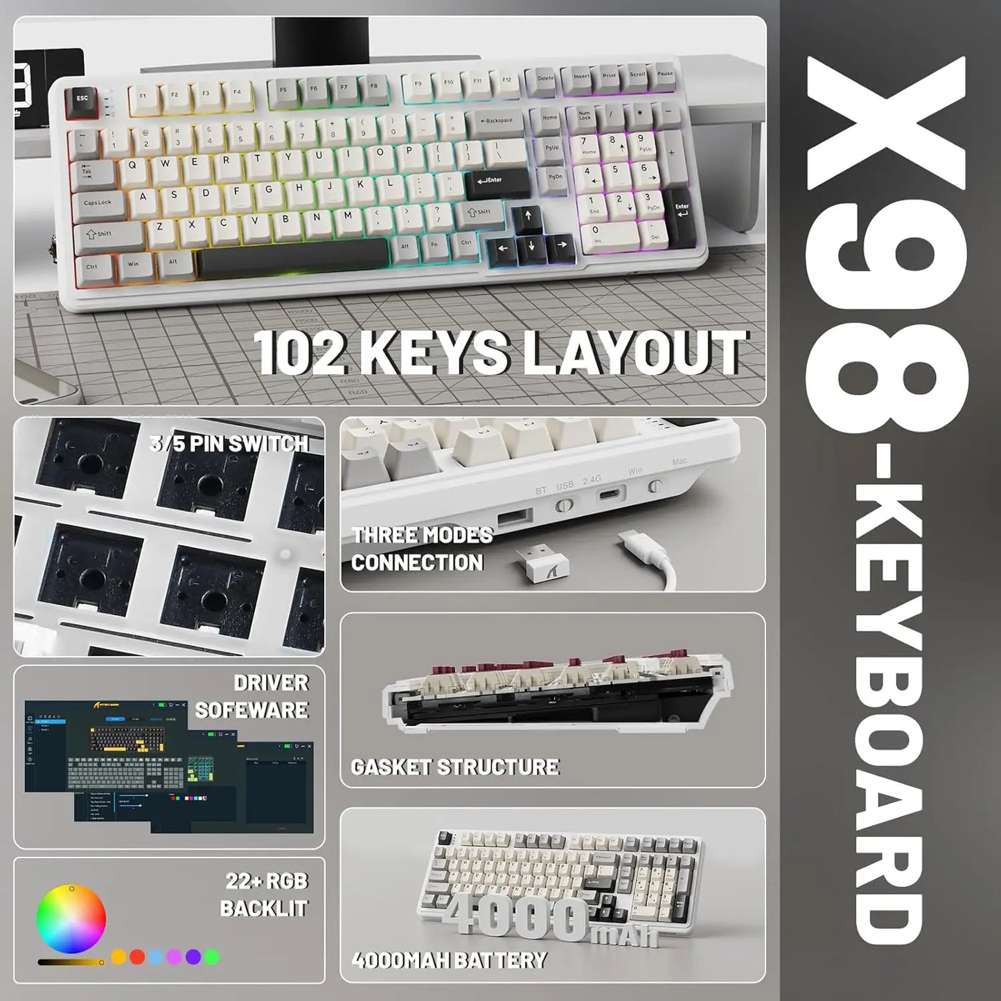 ATTACK SHARK X98 RGB Mechanical Gaming Keyboard with 102 Keys, with Numeric Keypad,Wireless & USB-C Wired Tri-Mode, 4000 mAh