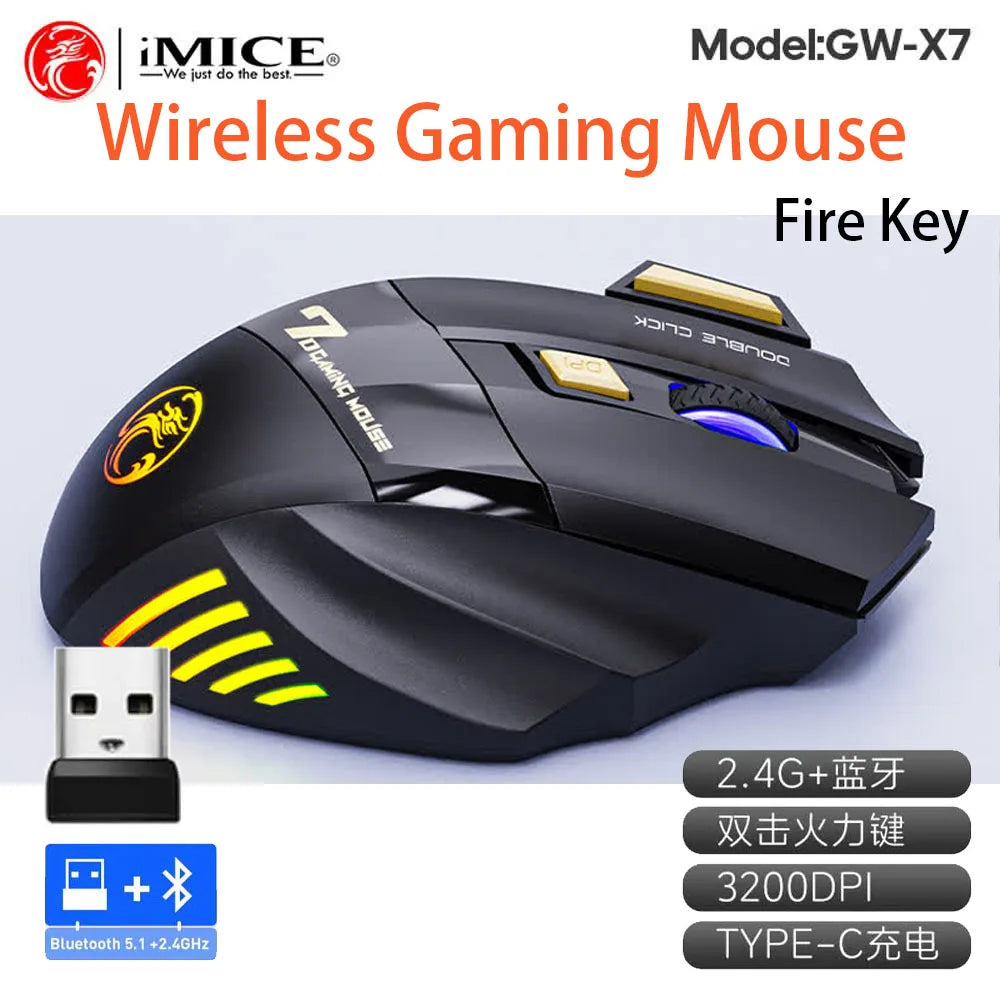 Vezeték nélküli Bluetooth egér, újratölthető számítógépes gamer egér, ergonomikus RGB háttérvilágítású, csendes egér PC-hez