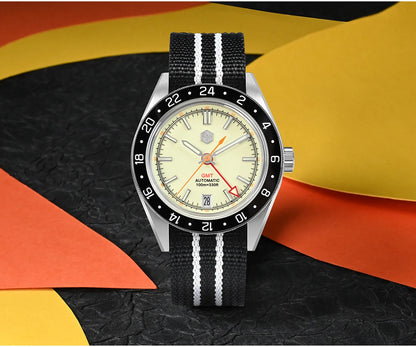 Relógio Automático Masculino San Martin 39.5mm Edição Limitada com Mostrador Full Lume NH34 GMT 6H Data 10Bar Luxo Kol Saati SN0116W