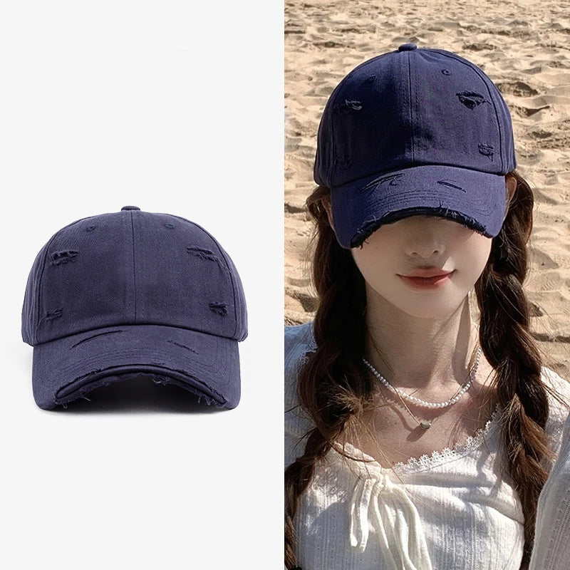Casquette hip-hop polyvalente pour homme et femme, nouvelle collection printemps-été, à visière incurvée, style rétro, effet usé, avec trou et bord en bec de canard